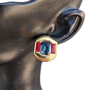 Vintage 80s Napier Gold-Tone & Jewel Tone Geometric Post Earrings